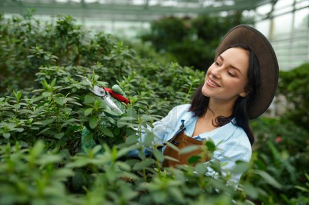 Foto de Young woman gardener pruning lush bush in greenhouse. Happy female florist grooming plants in her garden - Imagen libre de derechos