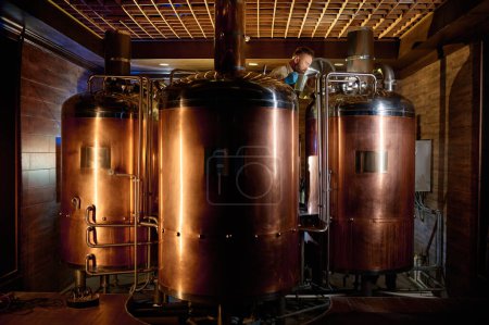 Téléchargez les photos : Mature man inspector checking craft beer at brewery. Brewer owner working at small alcohol manufacturing factory - en image libre de droit
