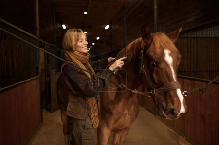 Foto de Horsewoman combing mane of her brown thoroughbred horse in stable. Concept of animal care - Imagen libre de derechos