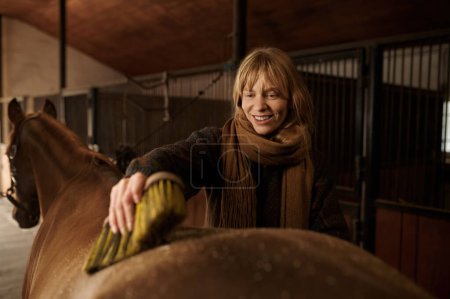 Foto de Retrato de cerca de una jinete feliz limpiando su semental con pincel. Jinete hembra lavando caballo antes o después de montar - Imagen libre de derechos