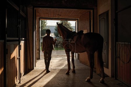Foto de Woman in riding helmet and uniform caressing her harnessed horse while standing over stable gate. Animal and people love and bonding concept - Imagen libre de derechos