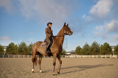 Foto de A horse trainer with her stallion outdoors spending time at countryside farm. Horsewoman on rancho - Imagen libre de derechos