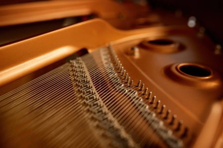 Photo for Selective focus with closeup view on hammers and strings inside grand piano. Musical keyboard instrument at shop store - Royalty Free Image