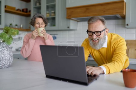 Téléchargez les photos : Mari âgé appréciant le jeu vidéo sur ordinateur portable tandis que la vieille femme buvant du café dans le besoin d'attention. couple aîné relations et gadget addiction concept - en image libre de droit