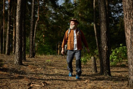 Téléchargez les photos : Portrait d'homme mûr souriant heureux touriste avec des bâtons scandinaves passer la journée en plein air profiter de l'activité de randonnée - en image libre de droit