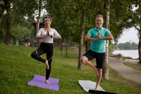 Photo for Older active couple doing yoga exercise outdoors at city park. Senior man and woman practicing tree asana with hands folded in Namaste sign balancing on one leg - Royalty Free Image