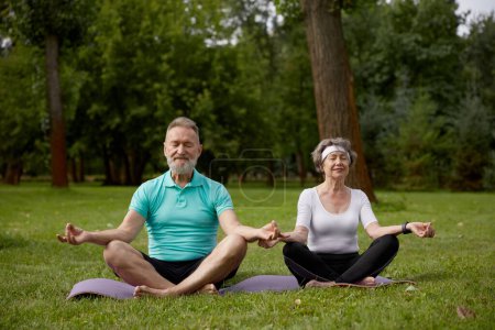 Foto de Hombre y mujer mayores deportistas sintiéndose zen-como meditando durante clases de yoga al aire libre en el parque de la ciudad - Imagen libre de derechos