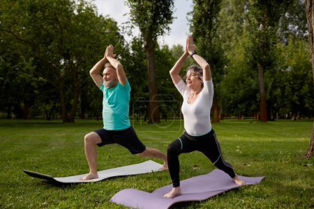 Foto de Pareja mayor activa haciendo ejercicio de yoga al aire libre en el parque de la ciudad. Hombre y mujer mayores practicando asana de árbol en el césped - Imagen libre de derechos