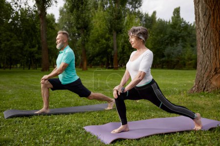 Photo for Happy senior couple doing yoga stretching exercise outdoors. Retirees training workout for health - Royalty Free Image