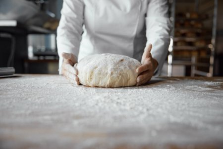 Photo for Baker hands holding kneaded dough to prepare fresh bread or pastry. Traditional cuisine concept - Royalty Free Image