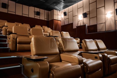 Photo for VIP place for visitors of cinema. Lounge area with leather armchair pouf seats and armrest. Amphitheatre with ottoman row - Royalty Free Image