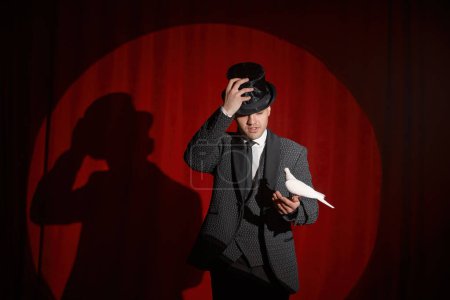 Photo for Portrait of elegant magician performer with pigeon bird standing over red drapery in spotlight illumination. Magic tricks and miracle illusion show - Royalty Free Image