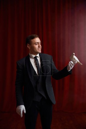 Photo for Young man magician showing trick with white dove on theatre stage. Bird sitting on illusionist hand in white glove. Miracle talent show - Royalty Free Image