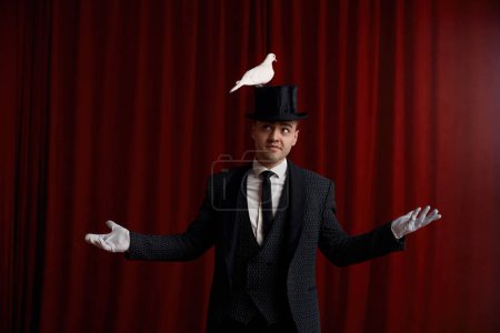Foto de Emocionado hombre mago realizar truco con hermoso pájaro paloma blanca mostrando sus habilidades mágicas de pie sobre la cortina roja de teatro dramático escenario - Imagen libre de derechos