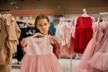 Téléchargez les photos : Portrait de charmante petite fille choisissant une robe élégante au centre commercial. Petite fashionista shopaholic debout sur les vêtements affichés sur le rack - en image libre de droit