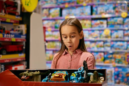 Photo for Portrait of surprised girl child looking at new collection of toys in box standing over playthings display in shop store. Excited shopping time and wide assortment of goods for kids advertisement - Royalty Free Image