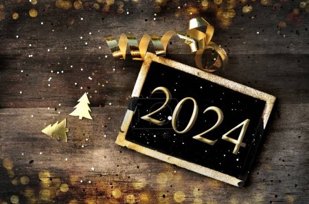Téléchargez les photos : Doré 2024 écrit sur petit conseil sur fond de bois rustique illuminé bye lumières avec confettis dorés et ruban - en image libre de droit
