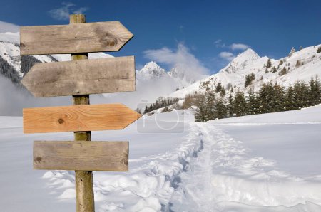 Photo for Wooden directional post sign with arrow in  front of snowy mountain landscape - Royalty Free Image