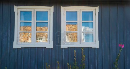 ventanas con marco blanco sobre fachada azul y flores de una típica casa escandinava 