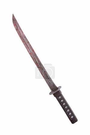 Téléchargez les photos : Sabre samouraï japonais katana avec du sang isolé sur fond blanc avec chemin de coupe - en image libre de droit