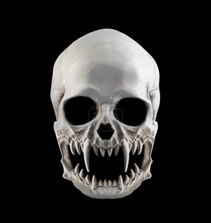 Téléchargez les photos : Crâne humain avec crocs isolés sur fond noir - en image libre de droit