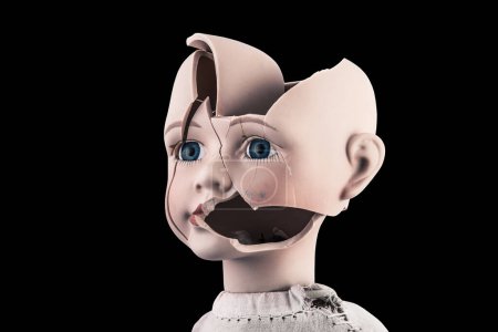 Photo for Broken vintage doll head isolated on black background with clipping path - Royalty Free Image