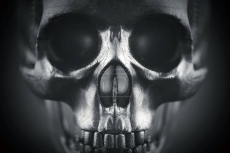 Téléchargez les photos : Crâne humain effrayant de près sur fond noir - en image libre de droit