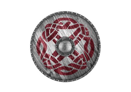 Foto de Antiguo escudo redondo de madera decorado aislado sobre fondo blanco - Imagen libre de derechos