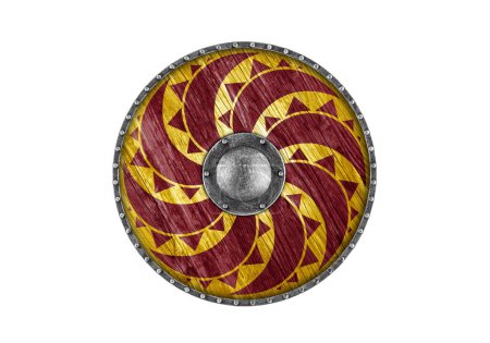 Photo for Old decorated wooden round shield isolated on white background - Royalty Free Image