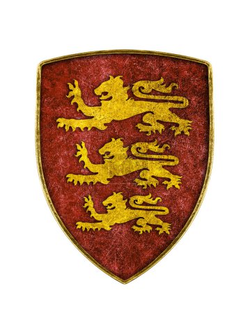 Foto de Escudo medieval británico con tres leones aislados sobre fondo blanco. - Imagen libre de derechos