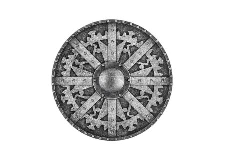Foto de Antiguo escudo redondo de metal decorado aislado sobre fondo blanco - Imagen libre de derechos
