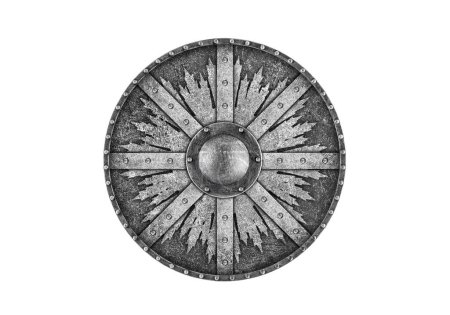 Foto de Antiguo escudo redondo de metal decorado aislado sobre fondo blanco - Imagen libre de derechos