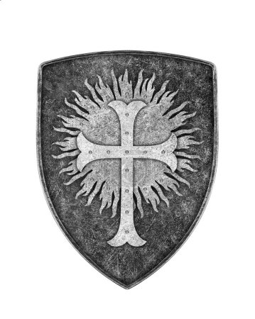 Altes Kreuzritterschild aus Metall mit Kreuz isoliert auf weißem Hintergrund 