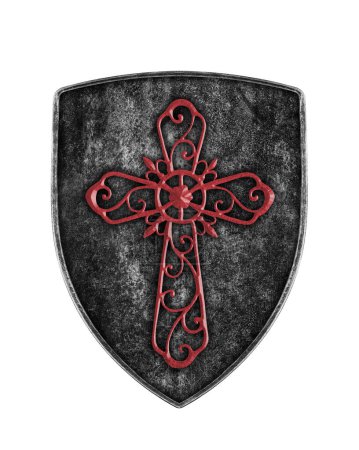 Photo for Old metal shield with red ornamental cross isolated on white background - Royalty Free Image