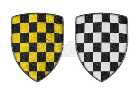 Photo for Old metal checkered shield isolated on white background - Royalty Free Image