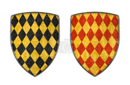 Photo for Old metal checkered shield isolated on white background - Royalty Free Image