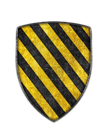 Foto de Escudo rayado negro y amarillo de metal viejo aislado sobre fondo blanco - Imagen libre de derechos