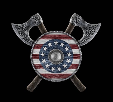Photo for Round American shield and two crossed axes isolated on black background - Royalty Free Image