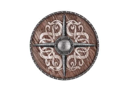 Antiguo escudo redondo de madera vikingo aislado sobre fondo blanco