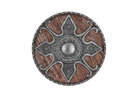 Photo for Old decorated wooden round shield isolated on white background - Royalty Free Image
