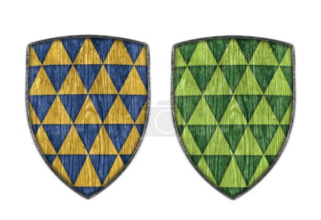 Photo for Old decorated color wooden shield isolated on white background - Royalty Free Image