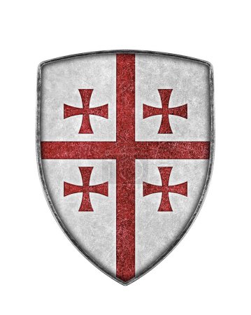 Foto de Antiguo escudo de cruzados de metal con cruz roja aislada sobre fondo blanco - Imagen libre de derechos