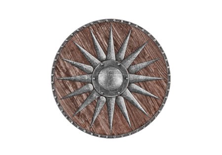 Foto de Antiguo escudo redondo de madera decorado aislado sobre fondo blanco - Imagen libre de derechos