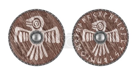 Photo for Old wooden round shield decorated with painted bird isolated on white background - Royalty Free Image