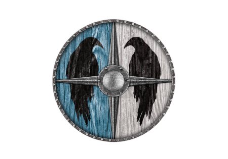 Photo for Old wooden round shield decorated with painted birds isolated on white background - Royalty Free Image