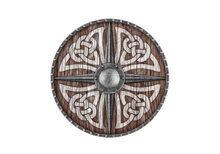 Téléchargez les photos : Vieux bouclier rond en bois viking décoré isolé sur fond blanc - en image libre de droit