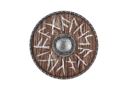 Photo for Old wooden round shield decorated with runes isolated on white background - Royalty Free Image