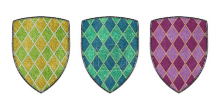 Foto de Escudos metálicos coloridos decorados antiguos aislados sobre fondo blanco - Imagen libre de derechos