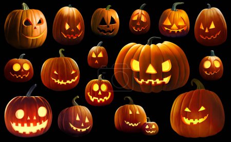 Collection de citrouilles Halloween. Citrouilles d'Halloween avec des sourires effrayants et des yeux brillants isolés sur fond noir. Illustration numérique