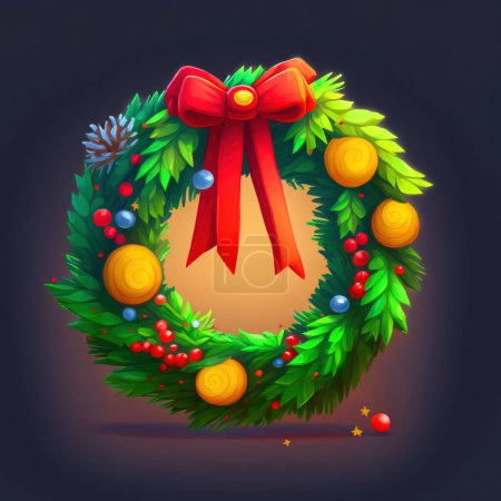 Téléchargez les photos : Couronne de Noël décorée d'arc rouge et de boules dorées sur fond sombre, illustration numérique - en image libre de droit